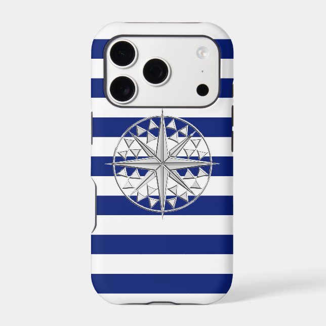 Nautical Chrome Star Compass on Navy Stripes Print Case-Mate iPhone Case (Back)