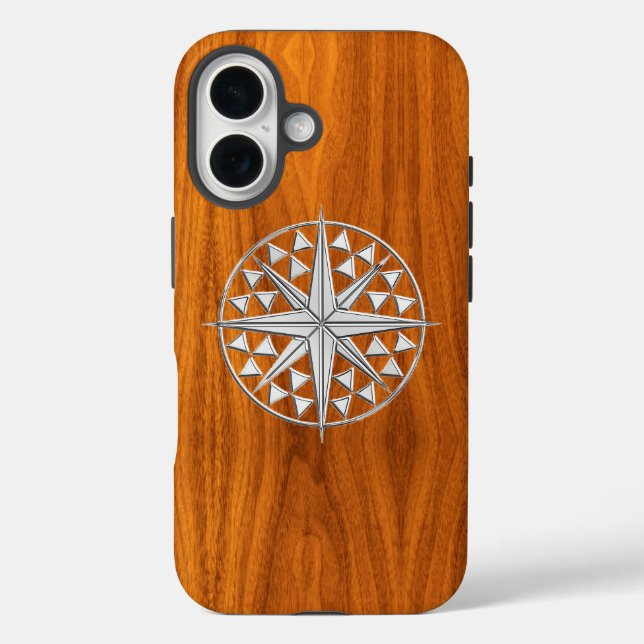 Nautical Chrome Star Compass on Teak Wood Print Case-Mate iPhone Case (Back)