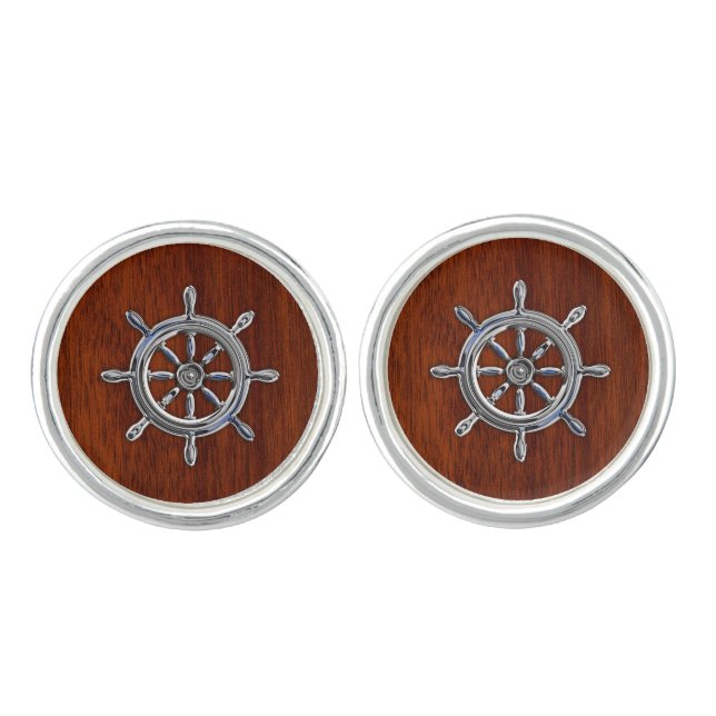 Nautical Chrome Wheel on Mahogany Print Cufflinks (Front)