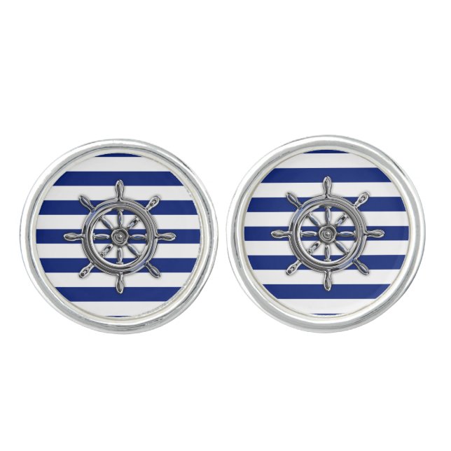 Nautical Chrome Wheel on Navy Stripes Cufflinks (Front)