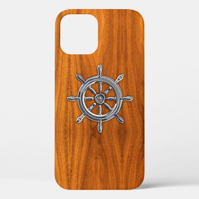 Nautical Chrome Wheel on Teak Wood Print Case-Mate iPhone Case (Back)