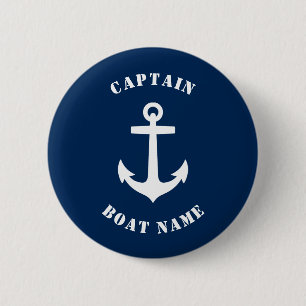 Nautical Classic Anchor Captain Boat Name Blue Button