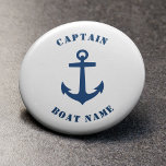 Nautical Classic Anchor Captain Boat Name Navy Button<br><div class="desc">Navy Blue Classic Nautical Anchor and Your Personalized Boat Name and Customizable Captain Rank Button.</div>