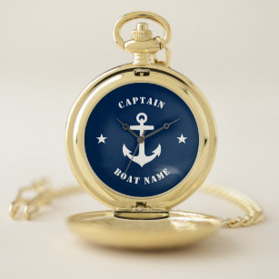 Nautical Classic Anchor Captain Boat Name Navy Pocket Watch