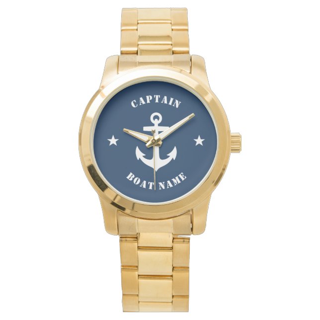 Nautical Classic Anchor Captain Boat Name Navy Watch (Front)