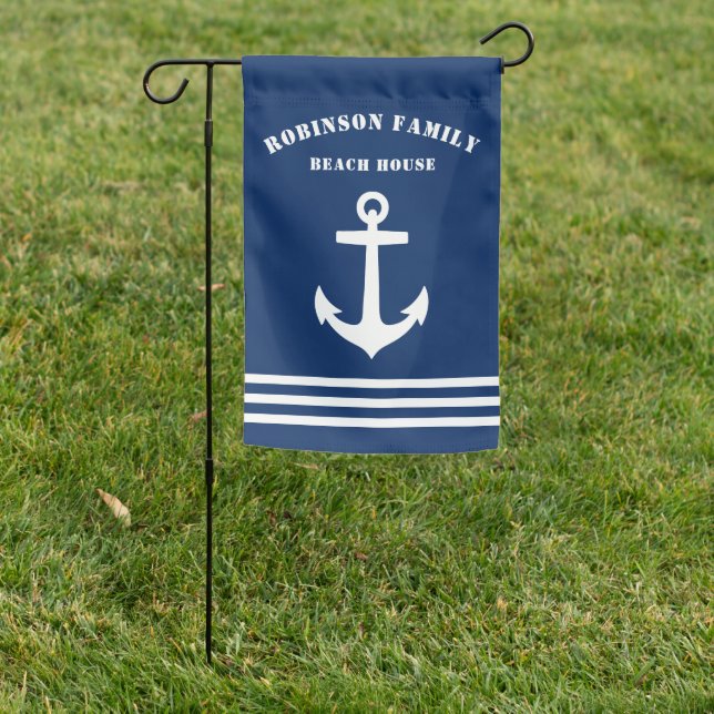 Nautical Classic Anchor Family Beach House Navy Garden Flag (In SItu)