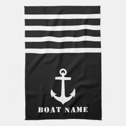 Nautical Classic Anchor Your Boat Name Black White Kitchen Towel