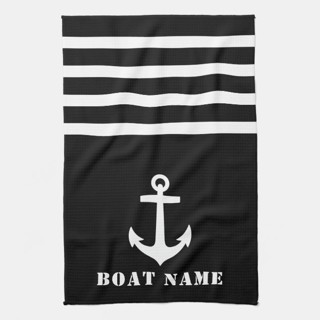 Nautical Classic Anchor Your Boat Name Black White Kitchen Towel (Vertical)