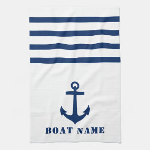 Nautical Classic Anchor Your Boat Name Blue Stripe Kitchen Towel