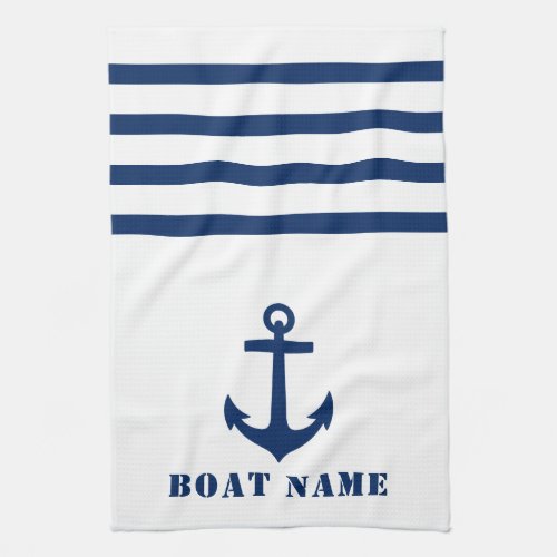Nautical Classic Anchor Your Boat Name Blue Stripe Kitchen Towel