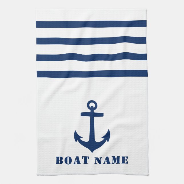 Nautical Classic Anchor Your Boat Name Blue Stripe Kitchen Towel (Vertical)