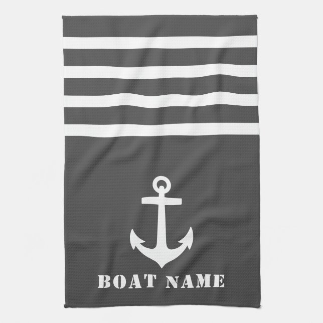 Nautical Classic Anchor Your Boat Name Gray White Kitchen Towel (Vertical)