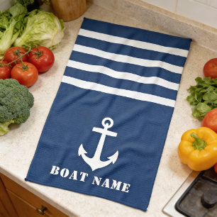 Nautical Classic Anchor Your Boat Name Navy Blue Kitchen Towel