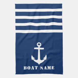 Nautical Classic Anchor Your Boat Name Navy Blue Kitchen Towel