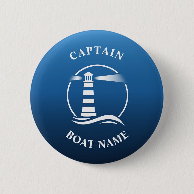 Nautical Classic Light Captain Boat Name Navy Blue Button (Front)
