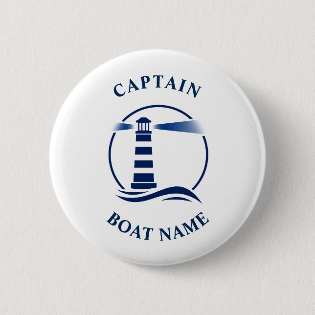 Nautical Classic Light Captain Boat Name Navy Blue Button (Front)