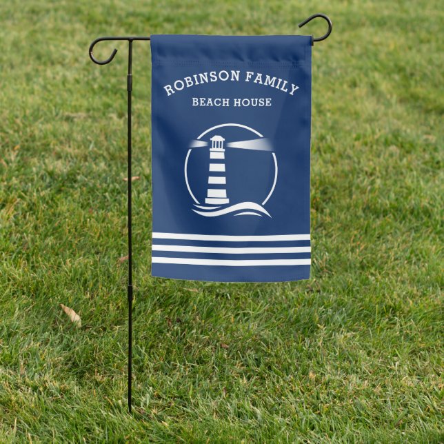 Nautical Classic Lighthouse Beach, Lake House Navy Garden Flag (In SItu)