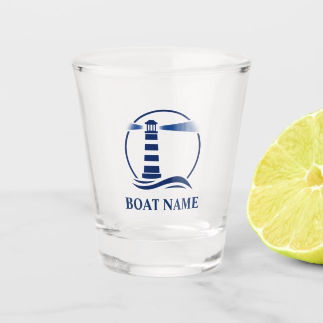 Nautical Classic Lighthouse with Your Boat Name Shot Glass (Front)