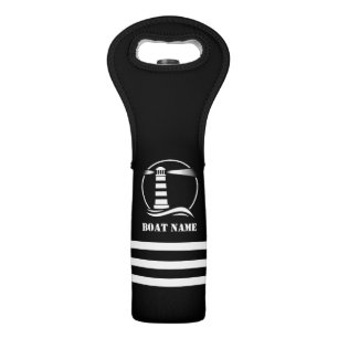 Nautical Classic Lighthouse Your Boat Name Black Wine Bag
