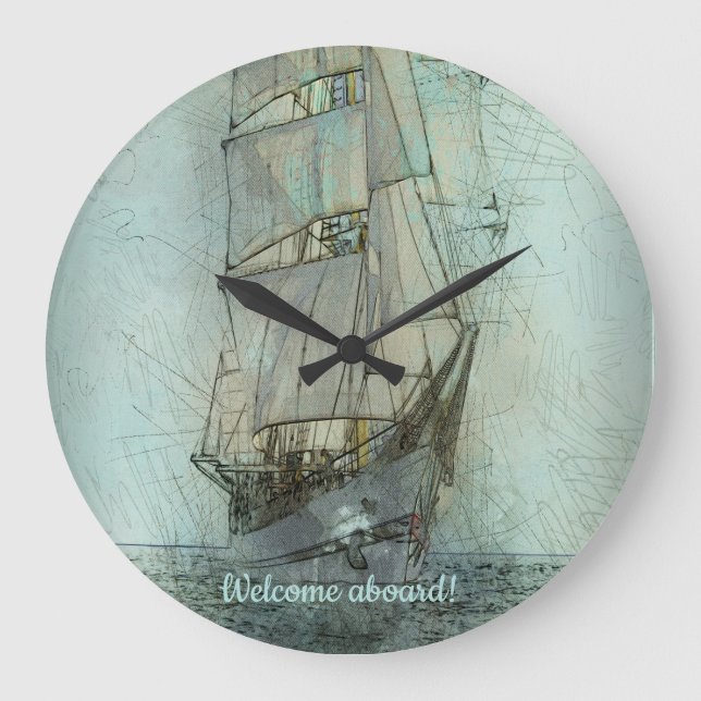 Nautical Classic Ship (Blue) Large Clock (Front)