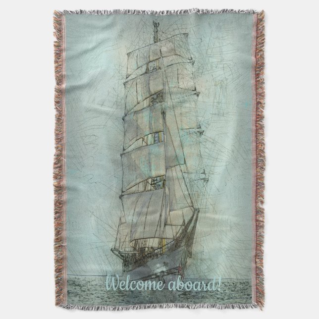 Nautical Classic Ship (Blue) Throw Blanket (Front Vertical)