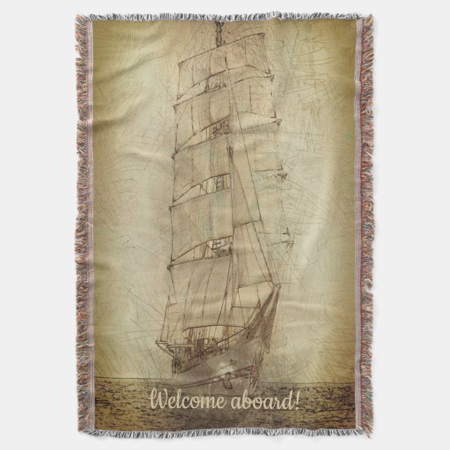 Nautical Classic Ship (Neutral) Throw Blanket (Front Vertical)