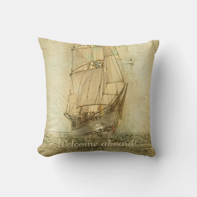 Nautical Classic Ship (Neutral) Throw Pillow (Front)