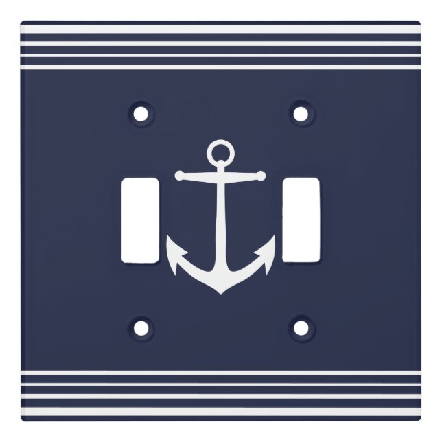 Nautical Classic White Anchor & Stripes Navy Light Switch Cover (Front)