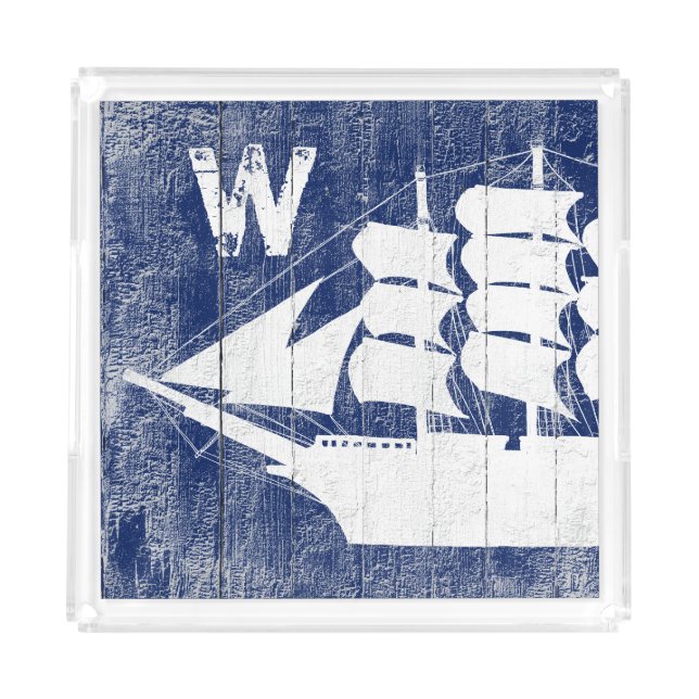 Nautical Clipper Ship Blue Beach Wood Monogram Acrylic Tray (Front)