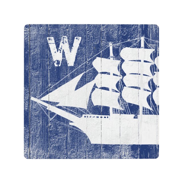 Nautical Clipper Ship Blue Beach Wood Monogram Metal Print (Front)