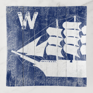 Nautical Clipper Ship Blue Beach Wood Monogram Trinket Tray