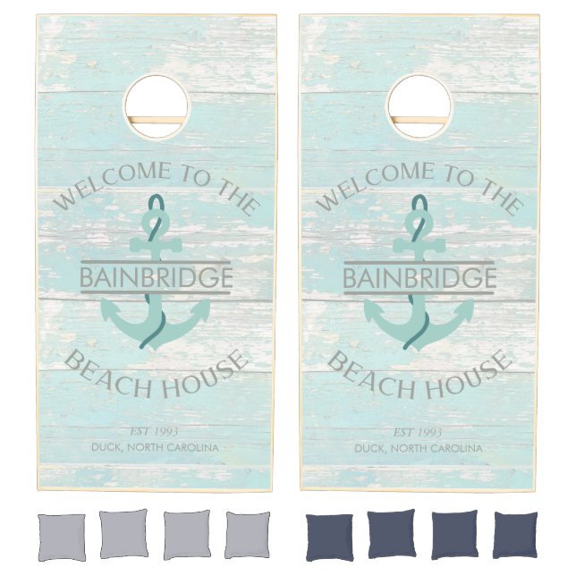 Nautical Coastal Anchor Custom Beach Name Wood Cornhole Set (Set)