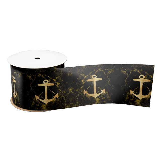 Nautical Coastal Beach Black Marble Golden Anchor  Satin Ribbon (Spool)