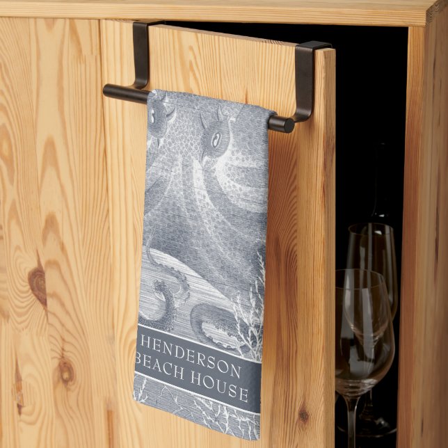 Nautical Coastal Beach House Blue White Octopus Kitchen Towel (Thirds Fold)