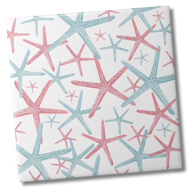 Nautical Coastal Beach Pattern Ceramic Tile (Teal Pink Nautical Starfish Shell Beach Pattern Ceramic Tile)