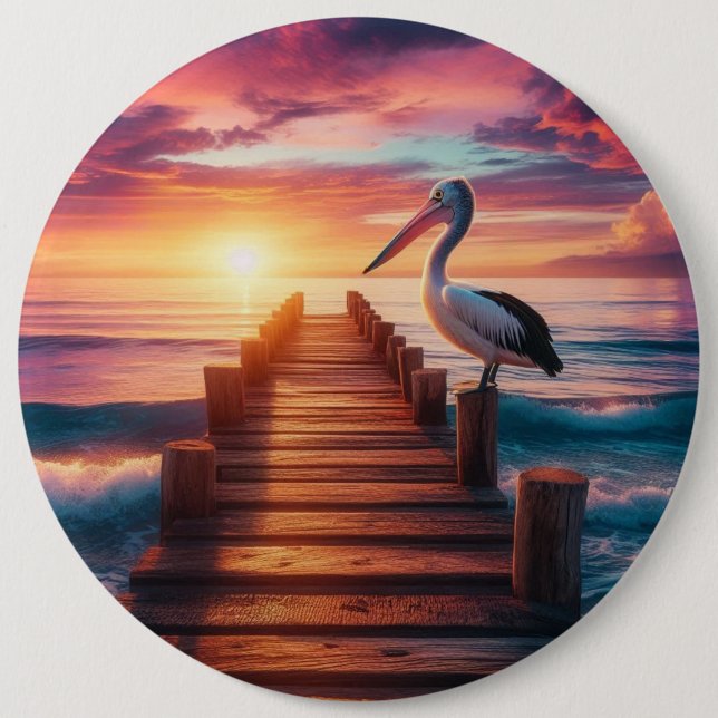 Nautical/coastal/beach pelican sunset  button (Front)