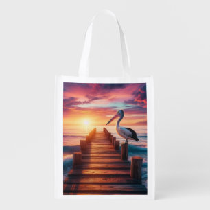Nautical/coastal/beach pelican sunset grocery bag