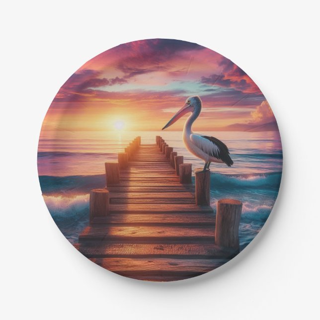 Nautical/coastal/beach pelican sunset  paper plates (Front)