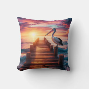 Nautical/coastal/beach pelican sunset throw pillow