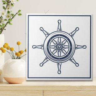 Nautical Coastal Blue Beach House Boat Ship Wheel Ceramic Tile