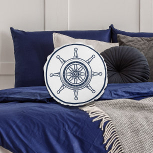 Nautical Coastal Blue Beach House Boat Ship Wheel Round Pillow