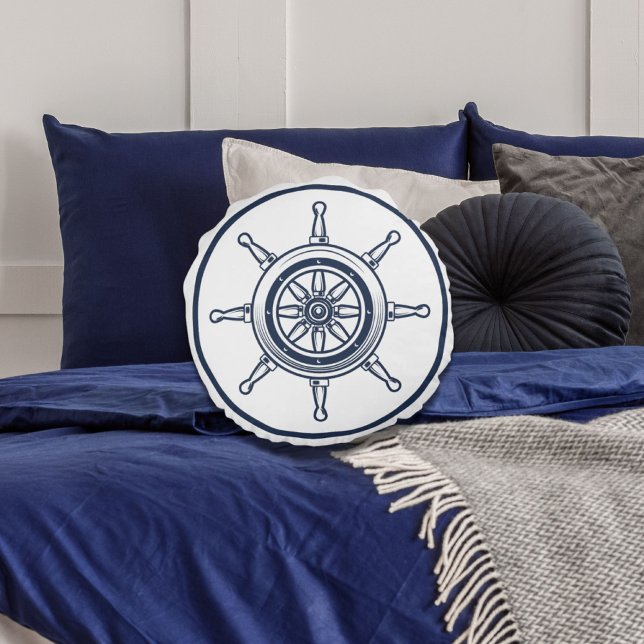 Nautical Coastal Blue Beach House Boat Ship Wheel Round Pillow (Nautical Coastal Blue Beach House Boat Ship Wheel Round Pillow)