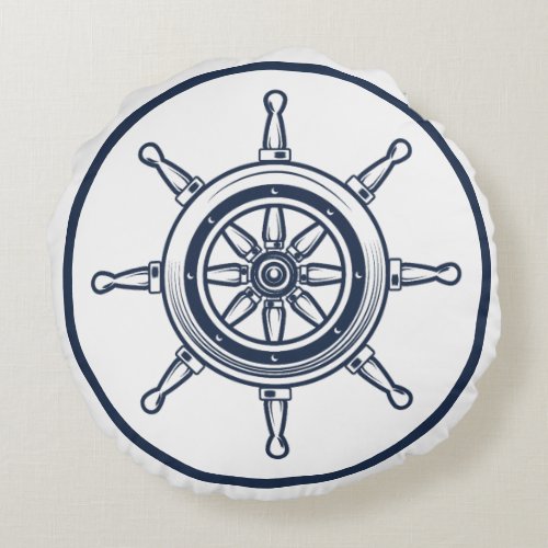 Nautical Coastal Blue Beach House Boat Ship Wheel Round Pillow