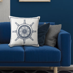 Nautical Coastal Blue Beach House Boat Ship Wheel Throw Pillow