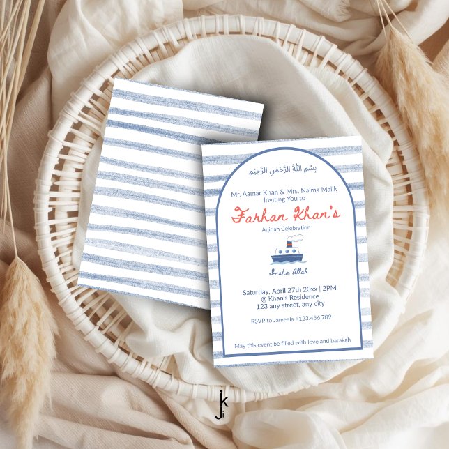 Nautical Coastal Blue Boat Stripe Baby Boy Aqiqah Invitation (Creator Uploaded)