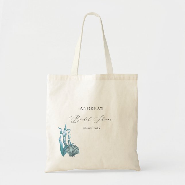 Nautical Coastal Blue Seashell Bridal Shower Favor Tote Bag (Front)