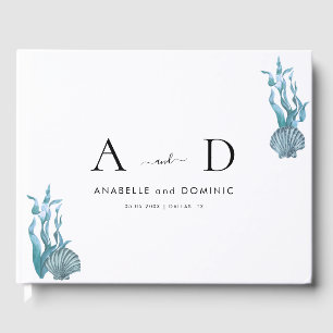 Nautical Coastal Blue Seashell Wedding Monogram Guest Book
