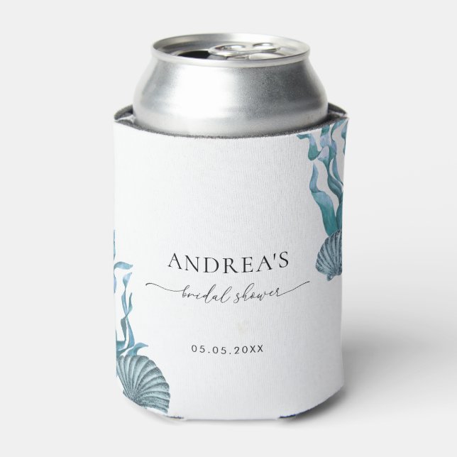 Nautical Coastal Blue Shell Bridal Shower Favor Can Cooler (Can Front)