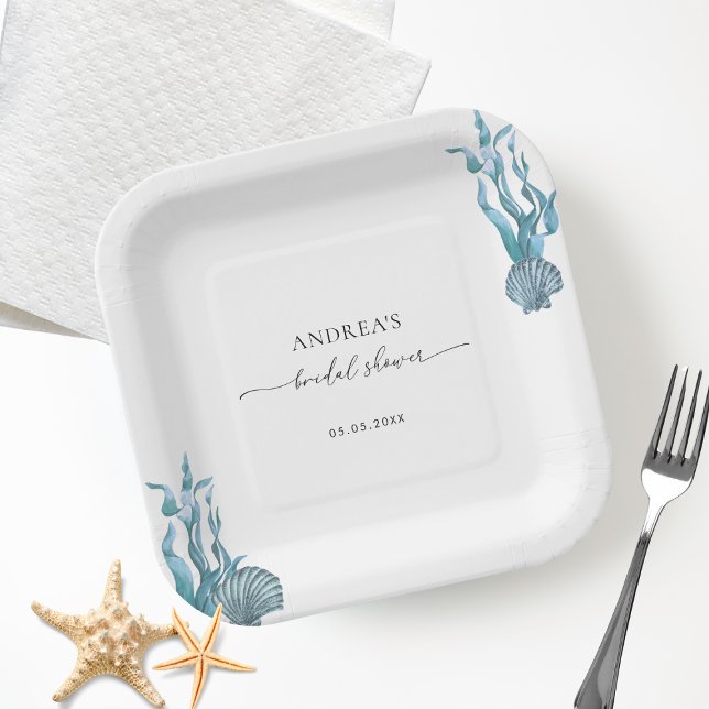 Nautical Coastal Blue Shell Summer Bridal Shower Paper Plates (Creator Uploaded)