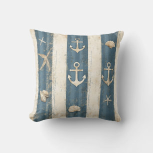 Nautical Coastal Blue Tonal Stripes Starfish Throw Pillow